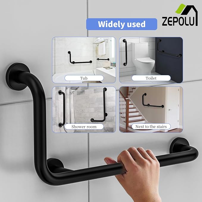 Black L-Shaped Grab Bar 12x24 Inch + Knurled Shower Grab Rail 20 Inch, Zepolu Stainless Steel Toilet Safety Bar 90 Degree, Angled Balance Support Assist Bar for Elderly, Bathroom Mobility Aid Handrail