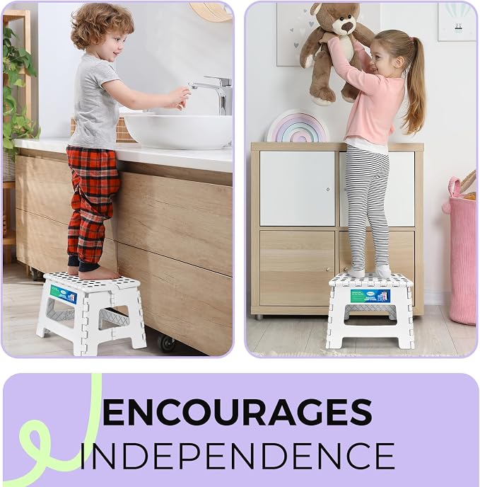 Dyforce Folding Step Stool 9 Inch, Kids Step Stool, Heavy Duty Step Stools for Adults, Compact Foot Stools, Light-Weight Toddler Step Stools for Kitchen, Bathroom, Holds Up to 300 lbs (White)