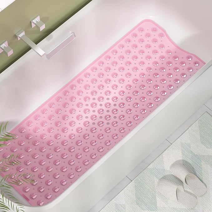AmazerBath Shower Mat Non Slip 40 x 16 Inches, Shower Stall Mats with Suction Cups and Drain Holes, Non Slip Bath Mat for Tub for Elderly & Kids, Clear Pink
