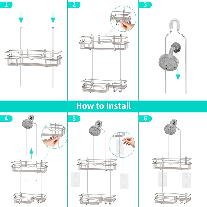 HapiRm Hanging Shower Caddy Organizer - Bathroom Organizer with 12 Hooks and Soap Holder, Rustproof Shower Shelf over Shower Head - Brushed Nickel