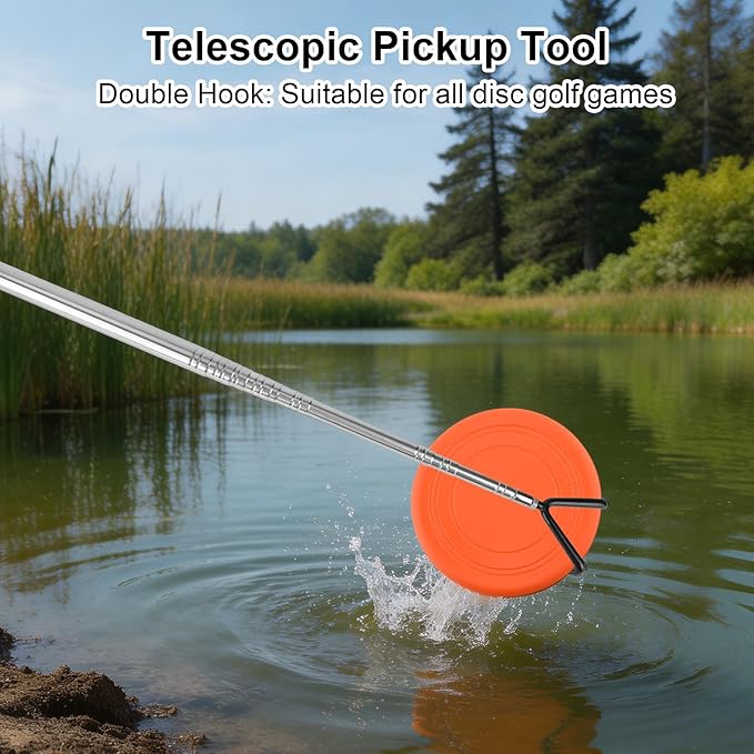 Telescoping Pickup Tool Magnetic Pole with 2 Hooks & Magnet, 300cm/10ft Extendable Push Pull Rod Grabber Wire Reacher Disc Golf Retriever for Hard-to-Reach Areas