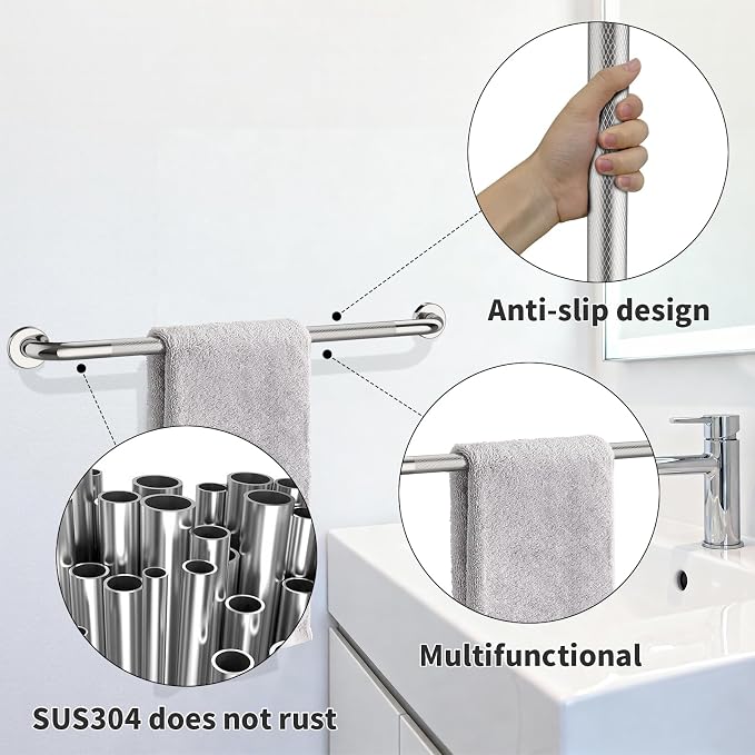 36 Inch Anti Slip Shower Grab Bar, Munzong Bathroom Grab Bar for Showers, Brushed Nickel Knurled Handicap Balance Bar,Safety Hand Rail Support Elderly Senior Assist Bath Handle
