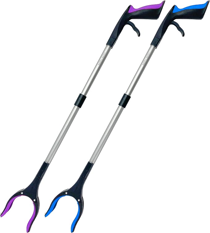 Reacher Grabber Tool 32 Inch 2-Pack, Foldable Trash Picker Grabber, Trash Gripper, Garden Nabber, Litter Picker, Extended Grabber（Purple/Blue)