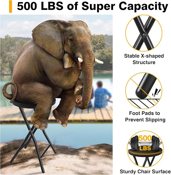 TAVR Furniture Portable Folding Chair with Handle, Heavy Duty Round Fold Stool Chair with 500lbs Capacity for Adults, 18 Inch Foldable Stool for Dorm, Kitchen, Vanity, Church and Outdoor use