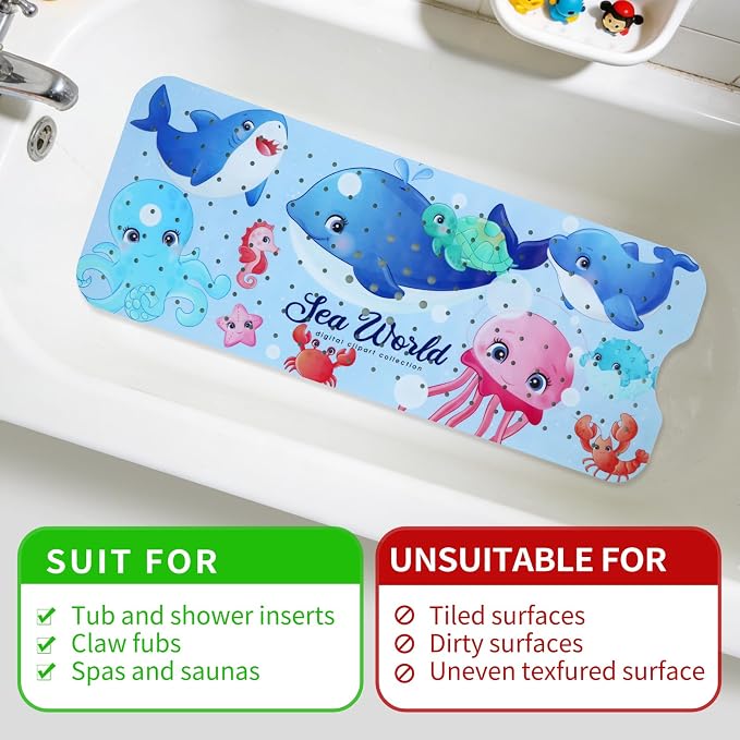 Bath Tub Shower Mat Non Slip Kids Bathtub Mat Anti Slip Baby Bath Mat for Tub 40 x 16 Inch Extra Long Toddler Bath Mat with Suction Cups and Drain Holes for Bathroom Floor,Machine Washable,Big Whale