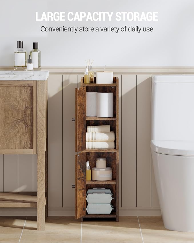 Hzuaneri Bathroom Storage Cabinet, Small Corner Floor Cabinet with 2 Doors and Adjustable Shelf, Narrow Toilet Paper Cabinets, Bathroom Organizer for Small Spaces, 7.9"D x 7.9"W x 29.5"H Rustic Brown