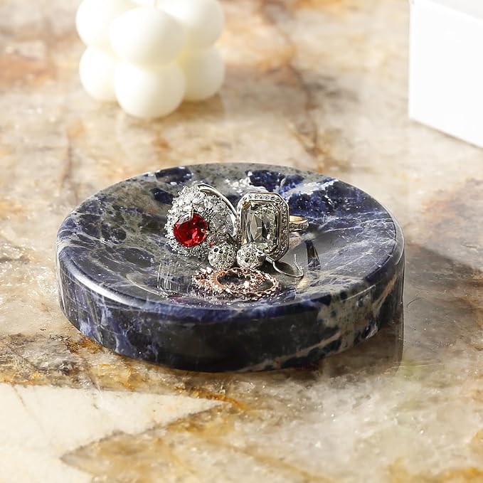 Koville Marble Jewelry Dish, Small Round Trinket Dish for Ring Necklace Earring, 4" Decorative Dish, Natural Stone Soap Dish for Bathroom Kitchen
