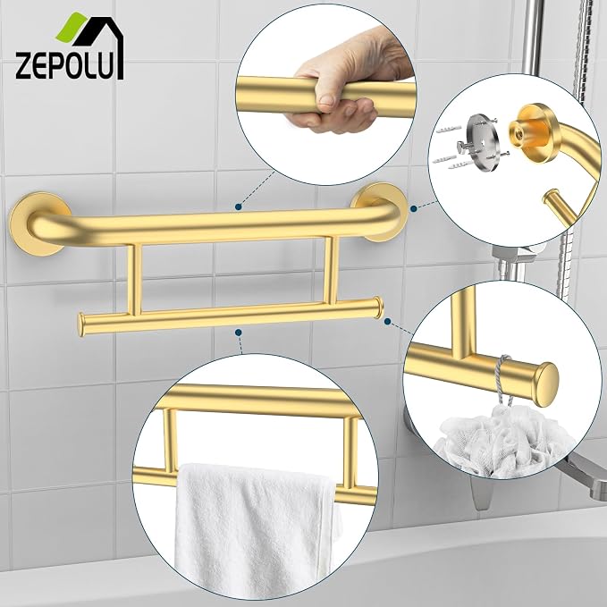 Brushed Gold Grab bar 17 inch - 1.25” Diameter, Zepolu 2-in-1 Bath Towel Bars for Bathroom, Stainless Steel Safety Assist Bar Balanced Support Handle, Wall Mounted Towel Grab Bars for Senior Handicap