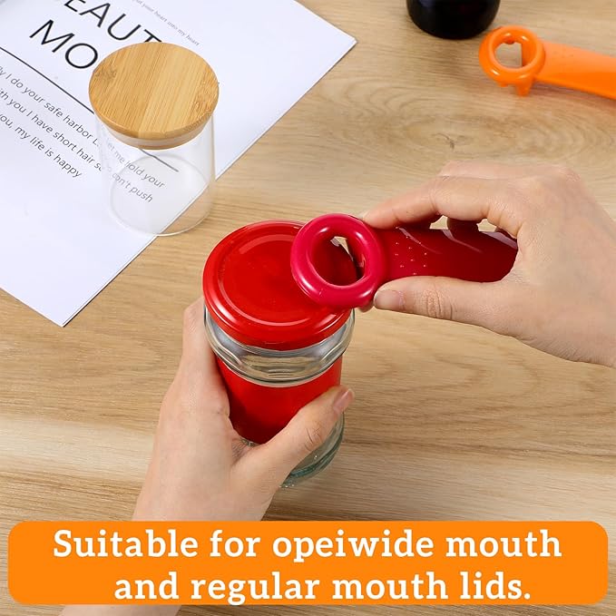 2 PACK Jar Opener, Easy Grip Jar Opener Gripper, Jar Key for Seniors, Arthritis, Carpal Tunnel Sufferers, Durable Plastic Jar Lid Opener（Orange/Rose Red）