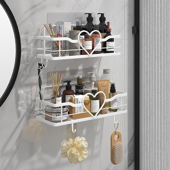 White Shower Caddy with 4 Removable Hooks, 2 Pack Sweet Heart Shower Shelves,No Drilling Adhesive Organizer Shelf for Bathroom Shower,Kitchen,Bedroom