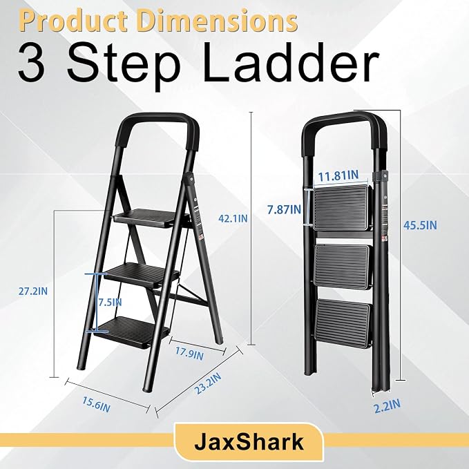 3 Step Ladder Folding Step Stool with Handrail 500LBS Capacity Sturdy Carbon Steel Frame Anti-Slip Pedal & Feet Portable for Home Kitchen Garage Bathroom (black-3step)