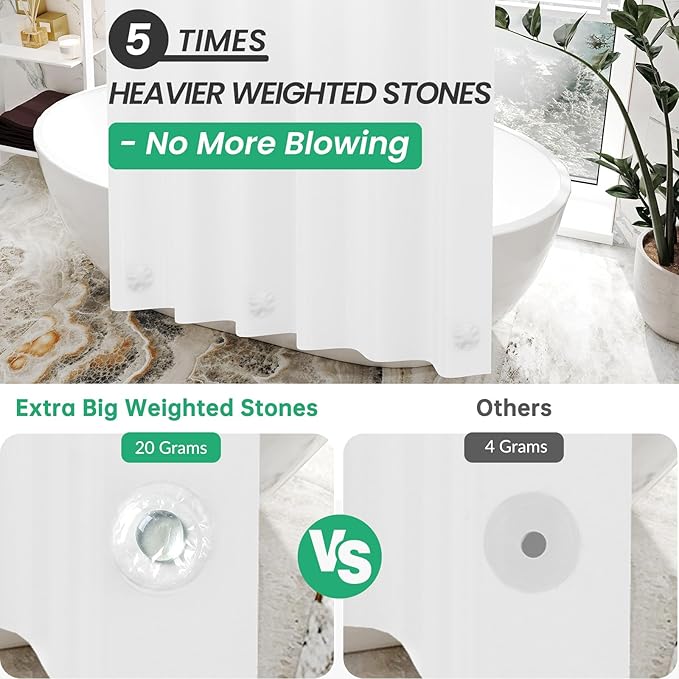 AmazerBath 78 Inch White Shower Curtain, 72 x 78 Plastic, Heavy Duty, Waterproof Thick PEVA with 3 Weighted Stones and 12 Rustproof Grommet Holes