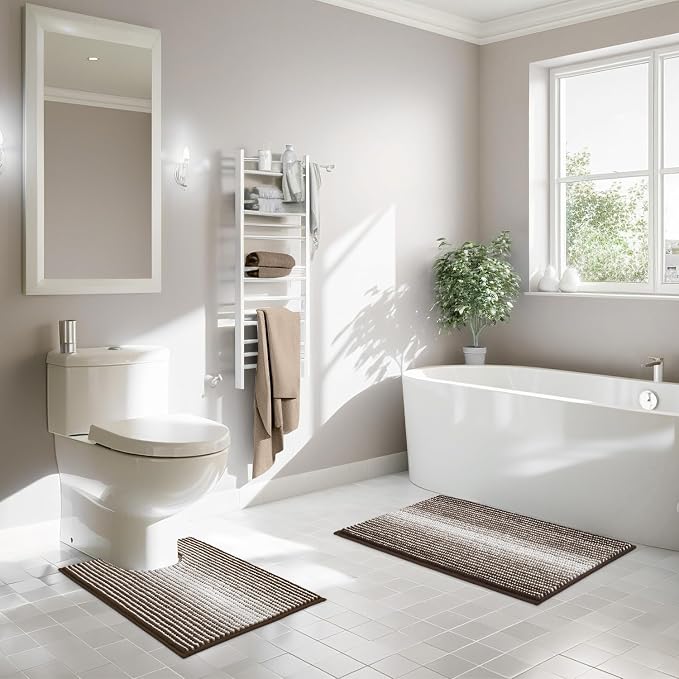 Bathroom Rugs Sets 2 Piece, Toilet Rugs U-Shaped, Contour Bath Mat Set for Toilet Bathroom, Soft Absorbent Chenille Bath Carpet, Quickly Dry, Washable (Coffee, 32" x 20" + 24" x 20")
