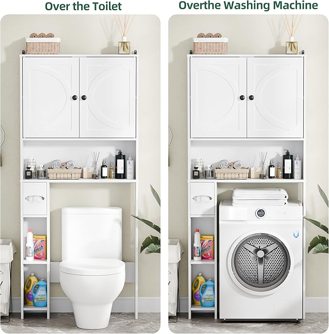Over The Toilet Storage Cabinet with Barn Doors, Freestanding Bathroom Space Saver Organizer Over Toilet with Adjustable Shelves & Toilet Paper Holder, Waterproof Bathroom Cabinet, White