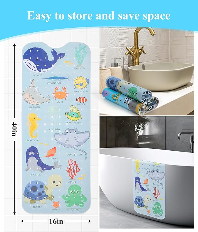 Secopad Bath Mat for Tub Non Slip, Machine Washable Anti-Slip Cartoon Baby Bathtub Shower Mat with Drain Holes and Suction Cups for Toddler & Kids, 40 Inch x 16 Inch, Blue Sea Animals