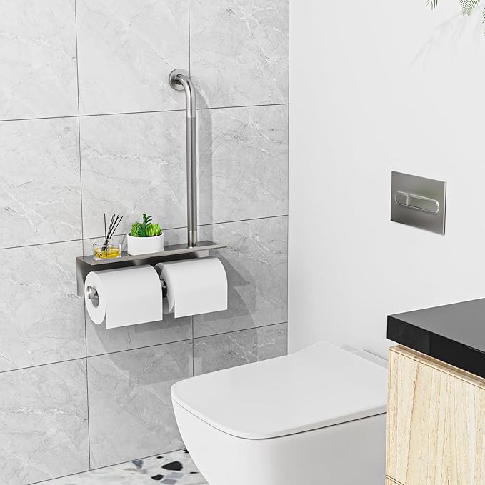 Bathroom Grab Bar with Shower Shelves,Munzong Toilet Paper Holder 3 in 1 Bathroom Organizers and Storage, Anti Slip Stainless Steel Safety Hand Rail for Handicap Elderly Senior Assist