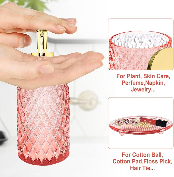 Haturi Pink Bathroom Accessories Set, 4 Pcs Glass Bathroom Accessory Set Complete w/Soap Dispenser, Toothbrush Holder, Qtip Holder, Vanity Tray, Gold Bathroom Set Decor, Gift for Girl Home Apartment