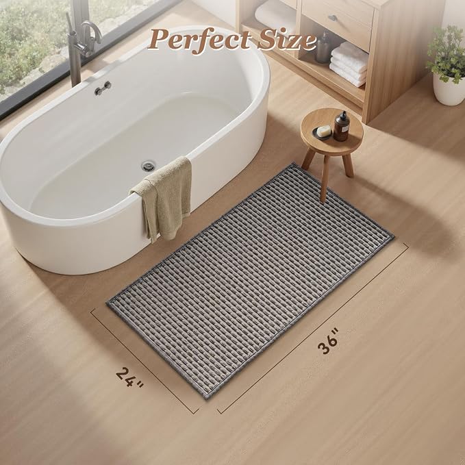 AMOAMI Unique Woven Bath Mat, Super Absorbent Non Slip Bath Mats for Bathroom Floor Textured Bathroom Mat Quick Dry Washable Boho Thin Bathroom Rugs for Beside Tub, 24" x 36", Grey