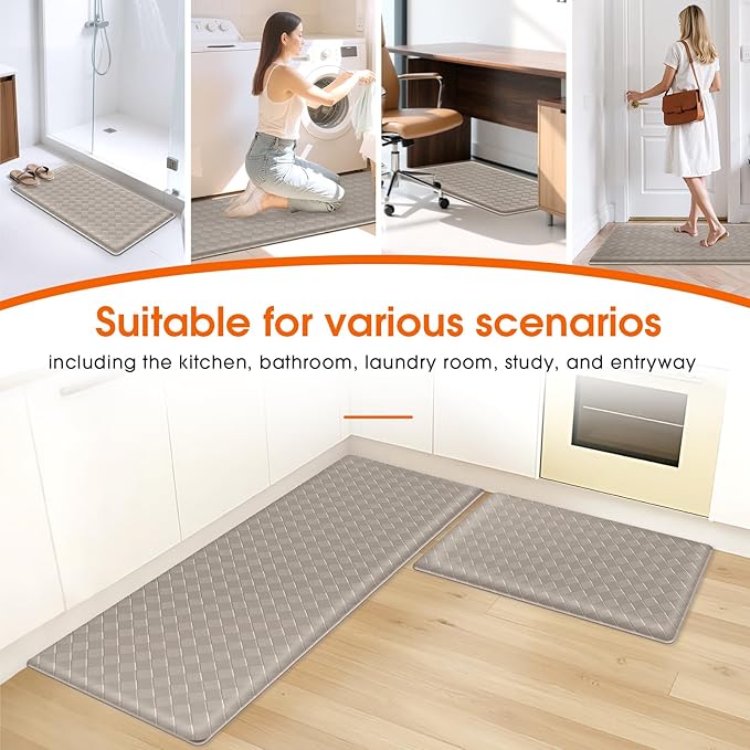 TranquilRelax Kitchen Mats, 2PCS Kitchen Rugs, Cushioned Anti Fatigue Kitchen Mats for Floor, Non-Slip Standing Sink Mat, Waterproof Kitchen Rug Set for Kitchen Floor Office,17.3"×30"+17.3"×47" Brown