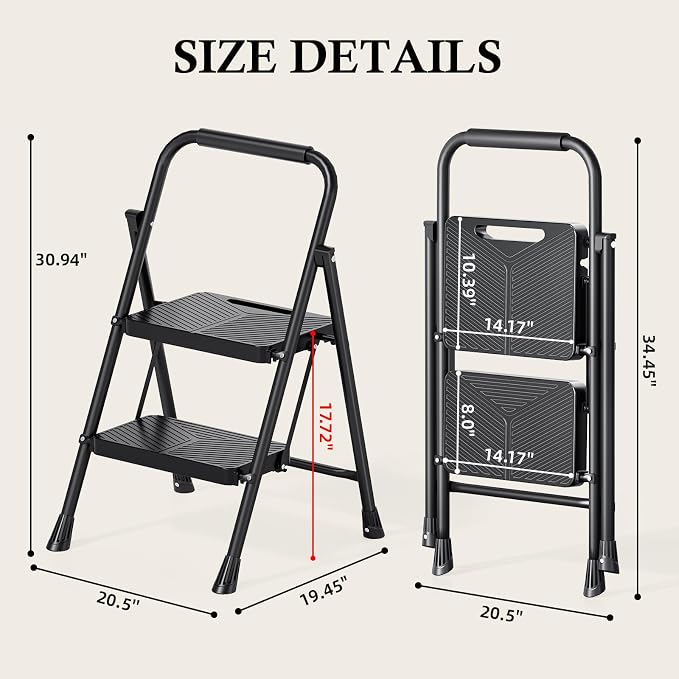 Urackify 2 Step Ladder, Folding Ladder for Multi-Purpose, Home, Kitchen, Heavy Sturdy Steel Portable Step Stool with Handrail, Safe-Lock Design, Anti-Slip Wide Pedals, Pass 500lbs Load Testing, Black