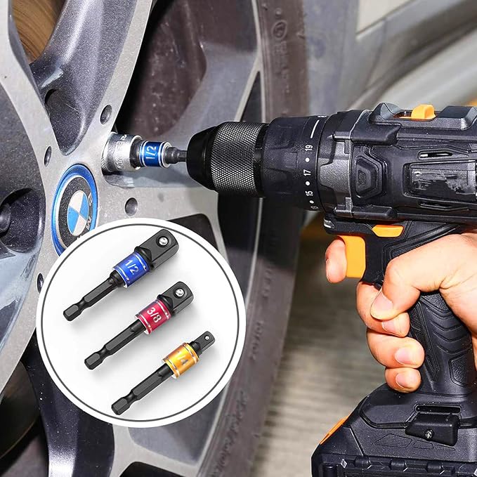 CIGOTU Socket Adapter Extension Set, 1/4, 3/8, 1/2 Inch Hex Shank, Impact Grade, Power Drill to Socket Converter, 3-Piece (Black)