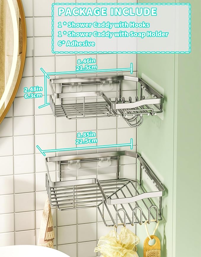 HapiRm Corner Shower Caddy Organizer - Shower Organizer Corner with Shampoo Holder and 11 Hooks, Rustproof Bathroom Shelf for 90° Right Angle - Silver