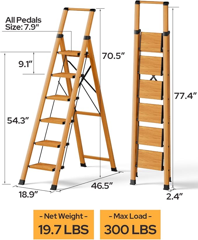 6 Step Ladder for 12ft High Ceiling, Lightweight Aluminum Folding Step Stool with Convenient Handgrip, Stepladders with Anti-Slip and Wide Pedal for Home and Kitchen Use - Woodgrain (300 lbs)
