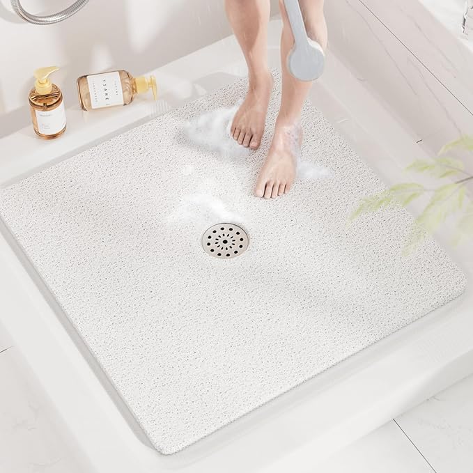 HITSLAM Square Shower Mat, 32 x 32 Inch Non Slip Bath Mat for Tub, Soft PVC Loofah Bathtub Mats with Drain Holes, Quick Drying Bathroom Stall Floor Mat, Bathroom Accessories Without Suction Cup, White