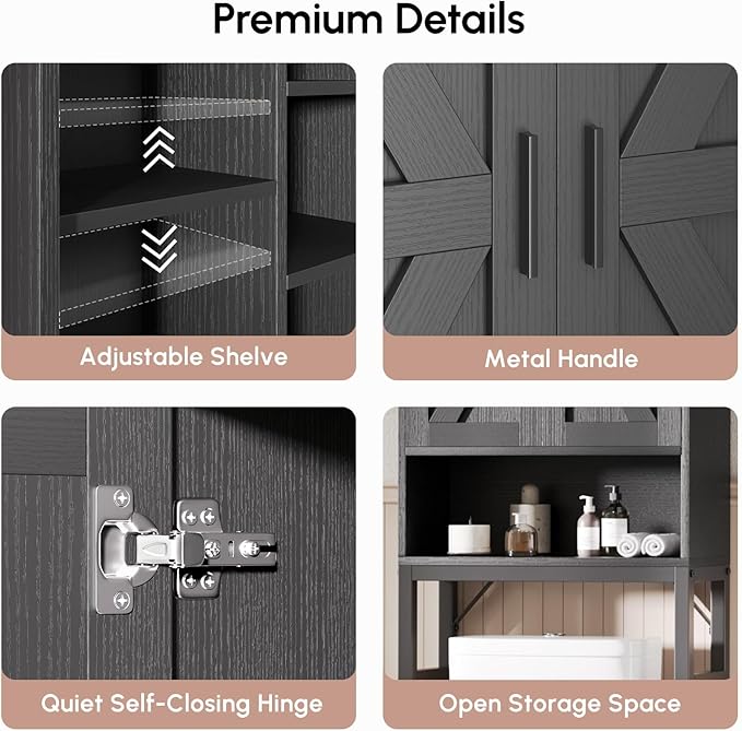 USHOWER Over The Toilet Storage Cabinet, Bathroom Organizers and Storage with Barn Doors, Thicken Metal Stand & MDF Wood Above Toilet Storage Cabinet, Freestanding Space Saver, Black