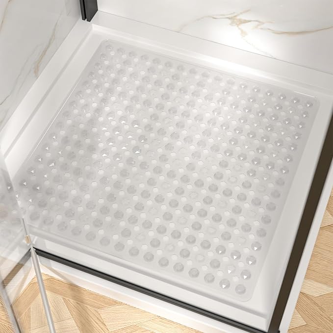 HITSLAM Shower Mat Anti Slip, Square Bath Mat for Tub Non Slip with Suction Cups and Drain Holes, 24x24 Inch Bathroom Shower Stall Floor Mat, Machine Washable, Soft on Feet, Clear