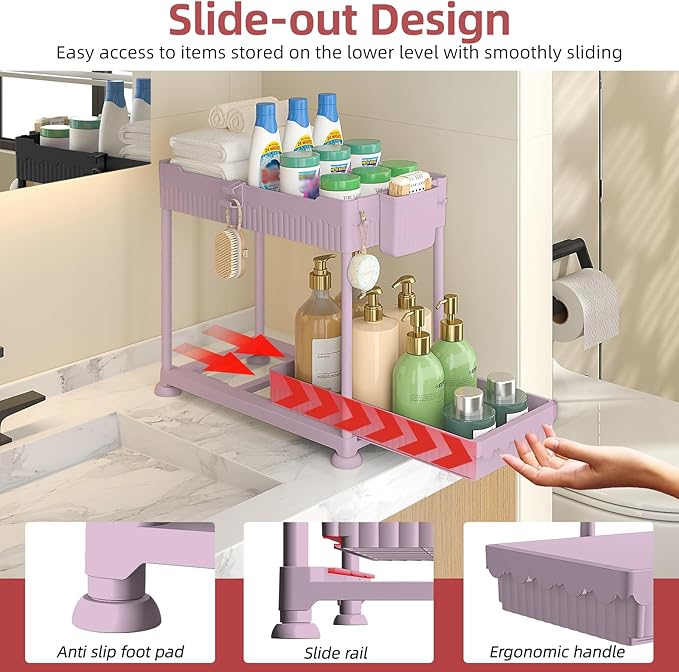 Sevenblue Under Sink Organizer, Bathroom Organizers and Storage, 2 Tier Multi-Use Pull Out Cabinet Organizer with Hang Hooks and Cups (Pink, 4 Pack)