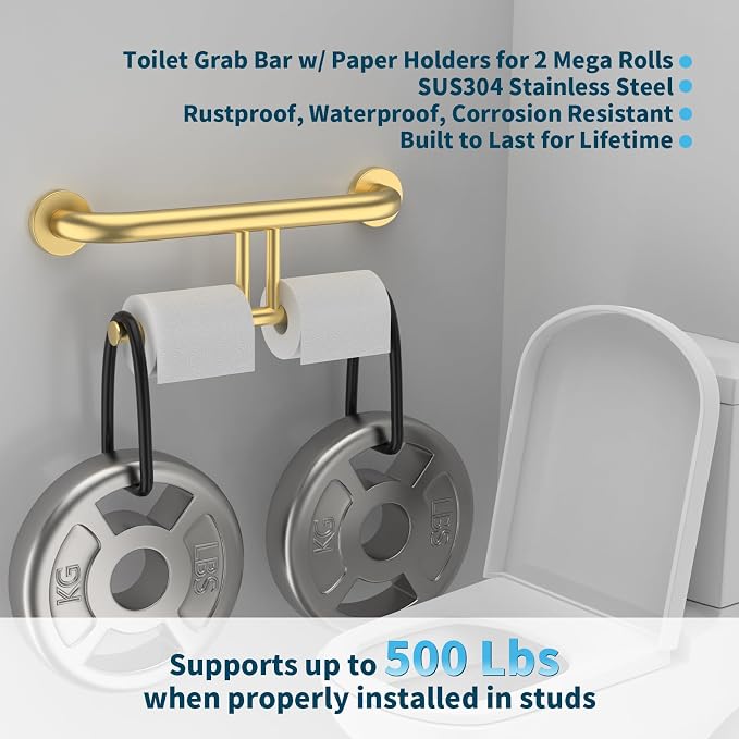Brushed Gold Grab Bar w/Double Toilet Paper Holder, iHansee Stainless Steel Safety Grab Bar for Bathroom Toilet, Wall Mounted Shower Support Bar for Elderly, Handicap Toilet Tissue Holder