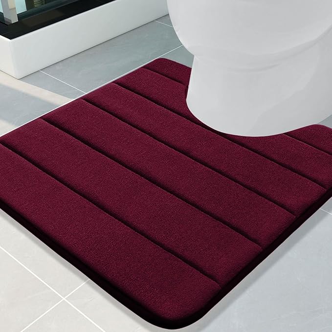 Buganda Memory Foam U-Shaped Contour Toilet Rugs, Non Slip Absorbent, Thick Soft Washable Bathroom Mat, Floor Carpet Bath Rugs Mat for Toilet Base (24" x 24", Burgundy)