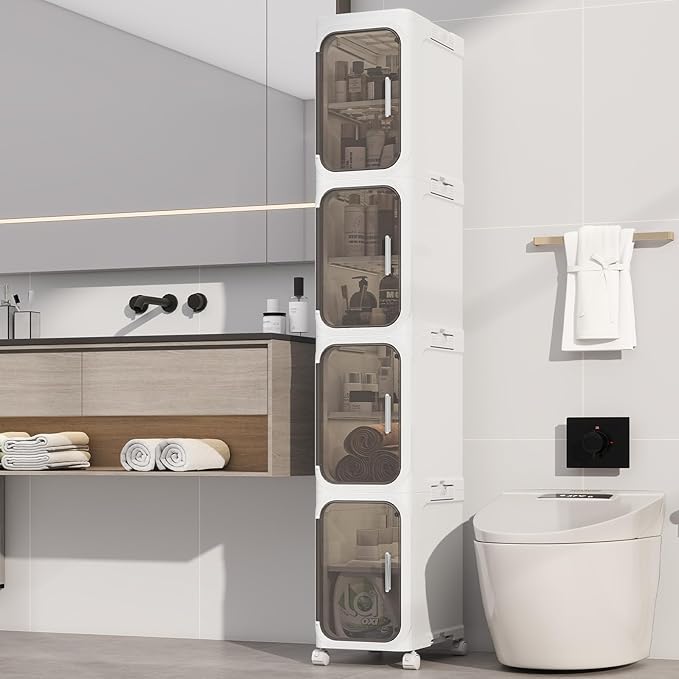 4-Tiers Slim Bathroom Storage Cabinet, Foldable Storage Cabinets,Narrow Bathroom Storage,Movable Bathroom Storage Organizer for Small Spaces,Bathroom,Kitchen,Laundry,White