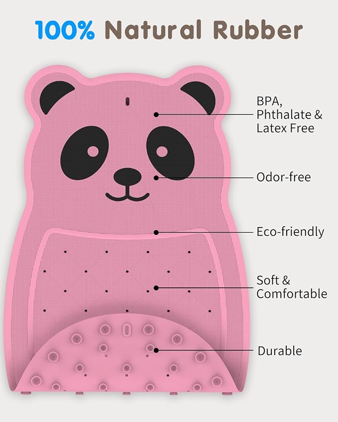 Panda Bathtub Mat Non Slip Kids Natural Rubber Low Odor, Bath Mat for Tub Non Slip for Baby 32"x18", Anti-Slip Surface and Strong Suction Cups Dual Anti-Slip, Machine Washable, Pink