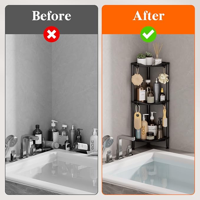 Lifewit Floor Standing Shower Caddy Corner, 3 Tier Plastic Shower Stand Rack with Adjustable Feet and Hooks, Rustproof Bathroom Shelf Organizer, Black, 34 x 24 x 75 cm/13 x 9.5 x 29.5 inch