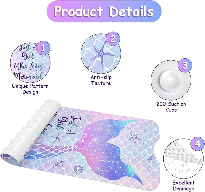 Bathtub Mat Non Slip, Mermaid Extra Long Bath tub Mat Shower Floor Mat with Suction Cups and Drain Holes for Adults Kids Elderly 40 X 16 Inch