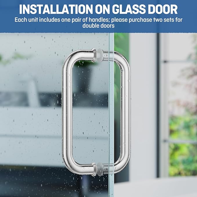 Ranbo Polished Chrome 8" （CTC） Tubular Back-to-Back Shower Door Handle，Heavy-Duty 1.0mm Thick 304 Stainless Steel, for 1/4"- 1/2" Thick Glass and 1-3/8" - 2-1/6" Thick Wooden or Metal Doors