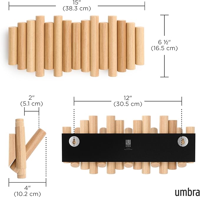 Umbra Picket Coat Rack Wall Mount – 5 Flip-Down Wood Coat Hooks, Modern & Functional Storage, Easy Install Wall Hooks, Natural