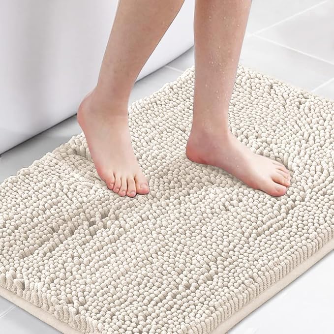H.VERSAILTEX Bath Mat Bathroom Rug Bath Rugs for Bathroom Non Slip Bath Mats Extra Thick Chenille Rug 17" x 24" Absorbent Soft Shaggy Washable Dry Fast Plush Rugs for Bathtubs - Ivory