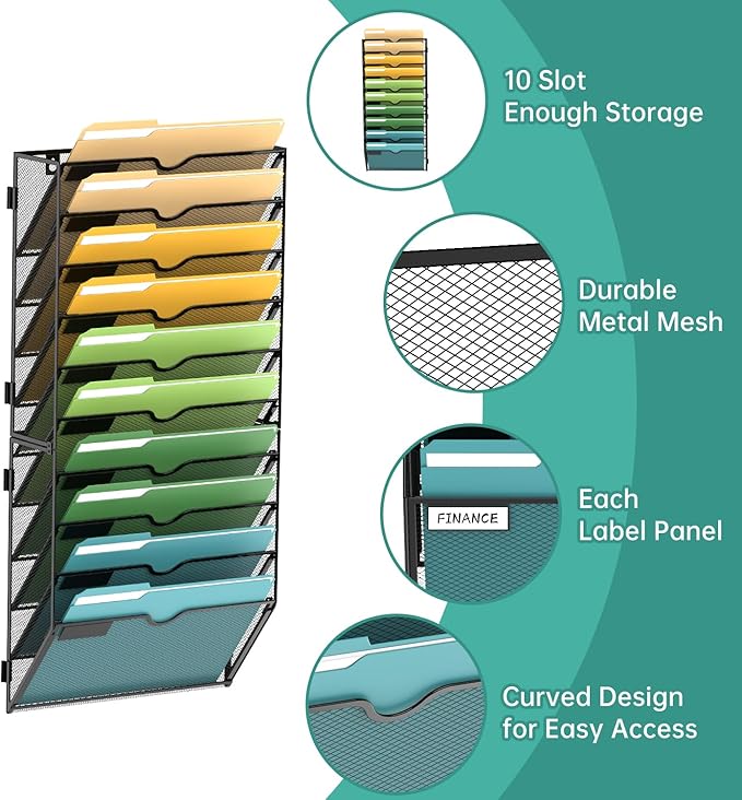 SUPEASY 10 Tier Wall File Organizer, Hanging Wall Mounted Mail Organizer with Label Slots, Metal Mesh File Holder Magazine Rack for Office, Home, School or Classroom, Black