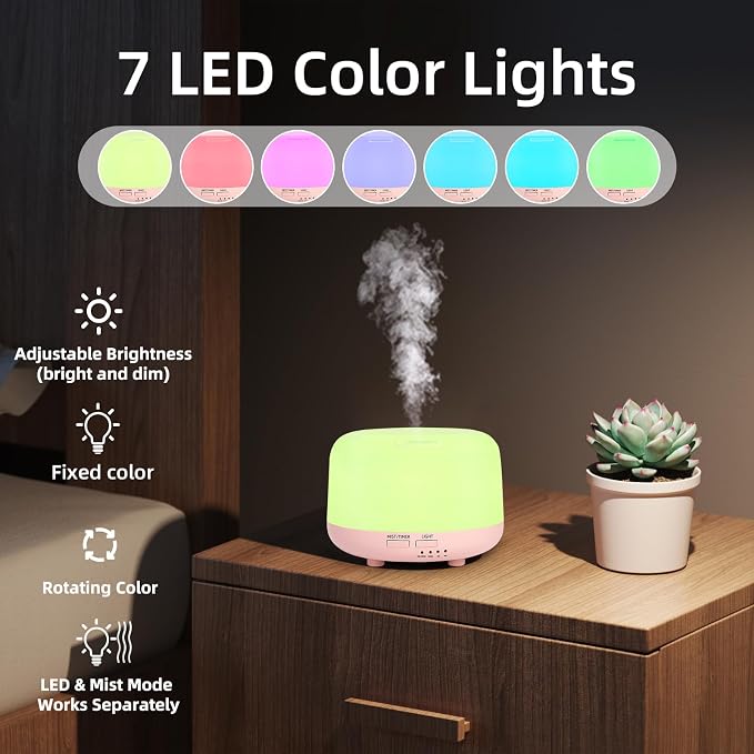 SPLITSKY 300ML Essential Oil Diffuser, Cool Mist Small Diffuser with Remote Control, 7 Color Changing LED Light, 4 Timer Settings,Waterless Safety Shut Off, for Bedroom, Room, Office(Pink)