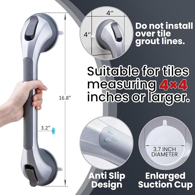TAILI Shower Grab Bar 4 Pack 16 Inch Suction Grab Bars for Bathtubs & Showers, Heavy Duty Shower Handle Removable Shower Handrails for Elderly and Seniors, No Drilling Waterproof, Silver