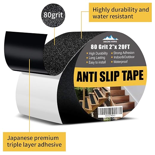 Grip Tape - Heavy Duty Non Skid Tape High Traction 80 Grit Non Slip for Stairs Outdoor/Indoor, Waterproof Stairs Non Skid Treads, Durable Triple Layer Adhesive 2 Inch x 20 Ft - Black