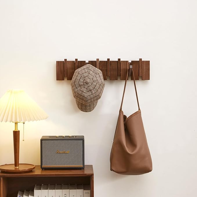QUELLANCE Wood Coat Rack Wall Mount, Coat Hooks Hanger Wall Mounted, Heavy Duty Wall Coat Rack with 6 Hooks for Hanging Coats/Keys/Hats/Robe&Towels/Plants/Bags, Walnut