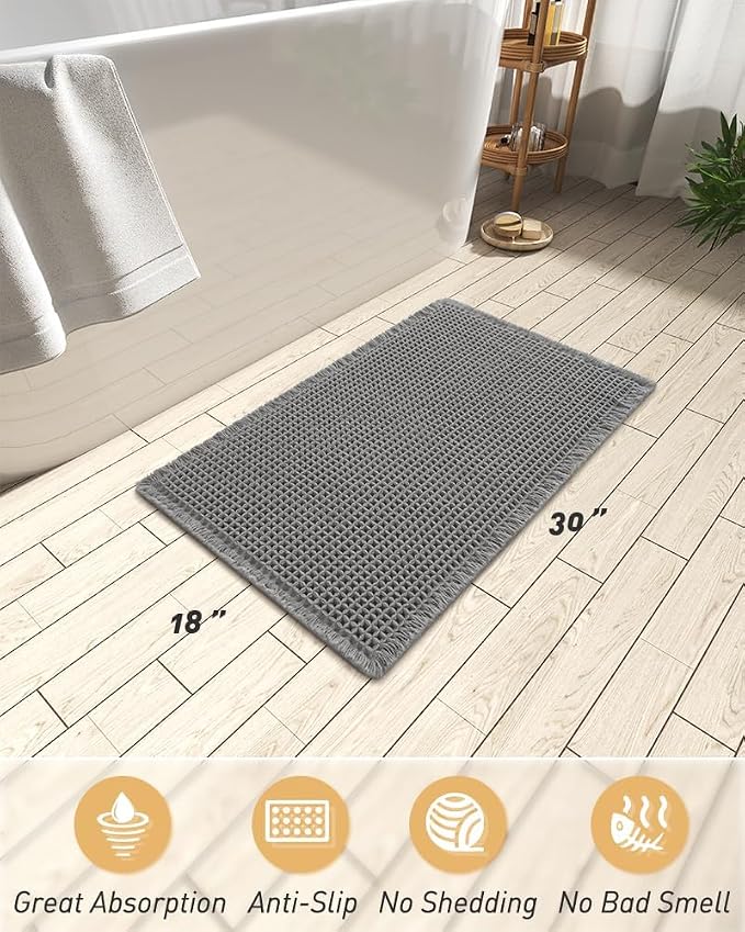 AMOAMI Upgraded Waffle Bath Mat, Super Absorbent Non Slip Bath Mats for Bathroom Floor, Washable Bathroom Rugs with Tassels, Rubber Backed Bathroom Mats, Ultra Soft, 18" x 30", Dark Grey