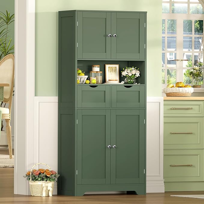 Iwell 58" H Tall Bathroom Storage Cabinet with 2 Drawers & 2 Adjustable Shelves, Bathroom Cabinet with 4 Doors, Tall Cabinet for Living Room, Dining Room, Entryway, Forest Green