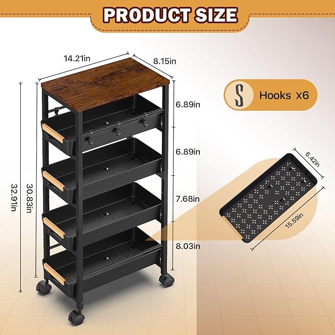 SUNALLY Slim Storage Cart with Pull-Out Baskets, 5-Tier Rolling Kitchen Cart with Wooden Top & Lockable Wheels, Narrow Space Utility Cart Organizer for Kitchen, Bathroom, Laundry Room, Black