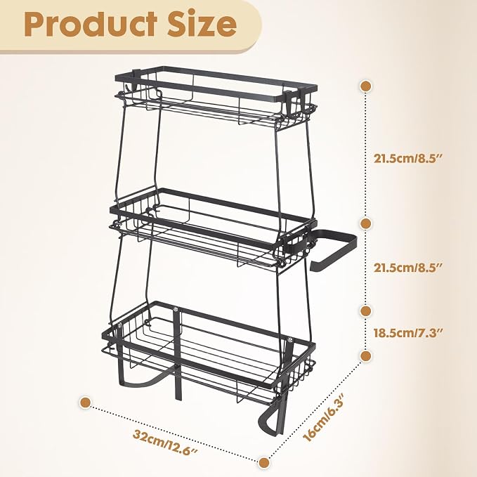 ShellKingdom Over The Toilet Storage Shelf, 3 Tier Toilet Paper Holder Stand Shelves, Punch-Free Bathroom Storage Rack with Hooks, Small Space Organizers for Bathroom, Home, Countertop, Black