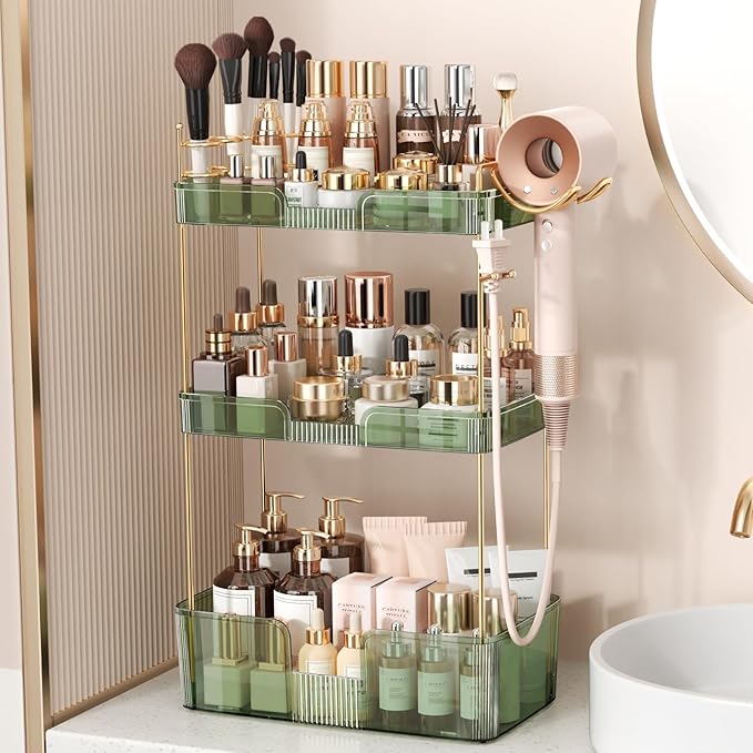 Bathroom Counter Organizer for Vanity, Makeup Organizer Countertop with Holder, Large Capacity Storage Rack, Perfect Large Skincare, Hair Care, Perfume, Easy to Install (Green, 3Tiers)